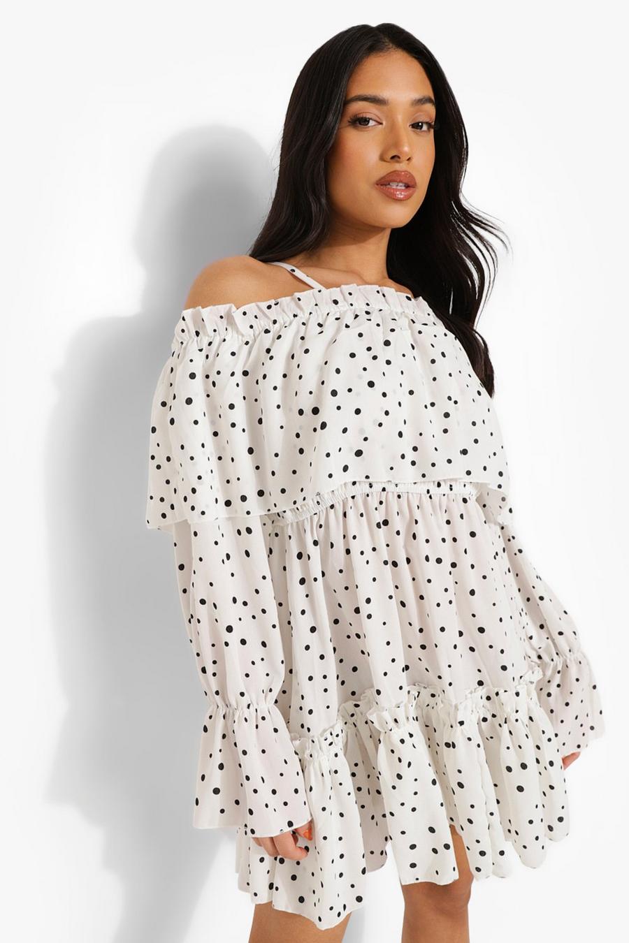 White Petite Polka Dot Off The Shoulder Frill Mini Dress image number 1
