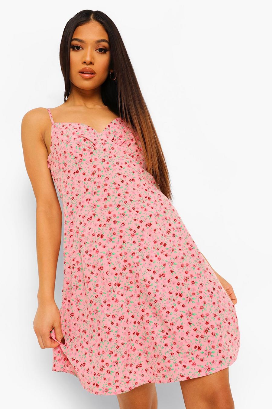 Pink Petite Ditsy Floral Tie Strap Mini Dress image number 1