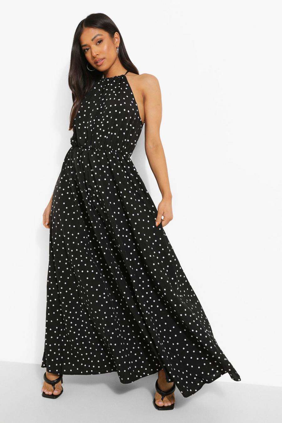 Black Petite Polka Dot Halter Maxi Dress