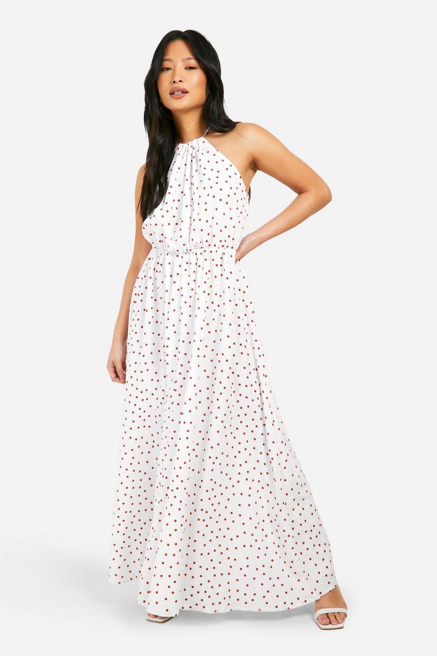 White Petite Polka Dot Halter Maxi Dress image number 1