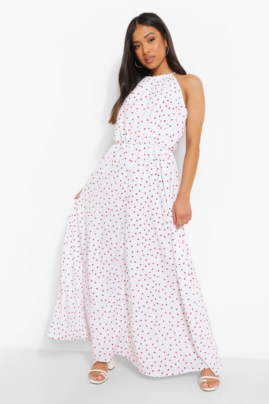 White Petite Polka Dot Halter Maxi Dress