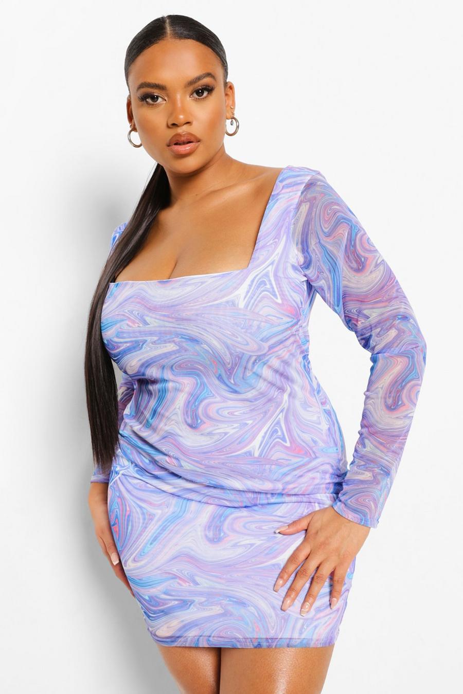 Blue Plus - Batikmönstrad miniklänning i mesh med fyrkantig halsringning image number 1