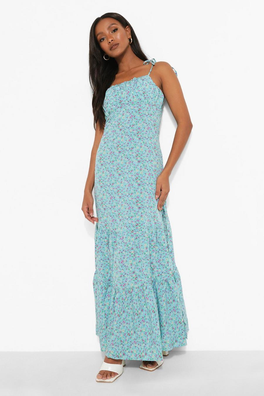 Turquoise Petite Ditsy Floral Midi Dress image number 1