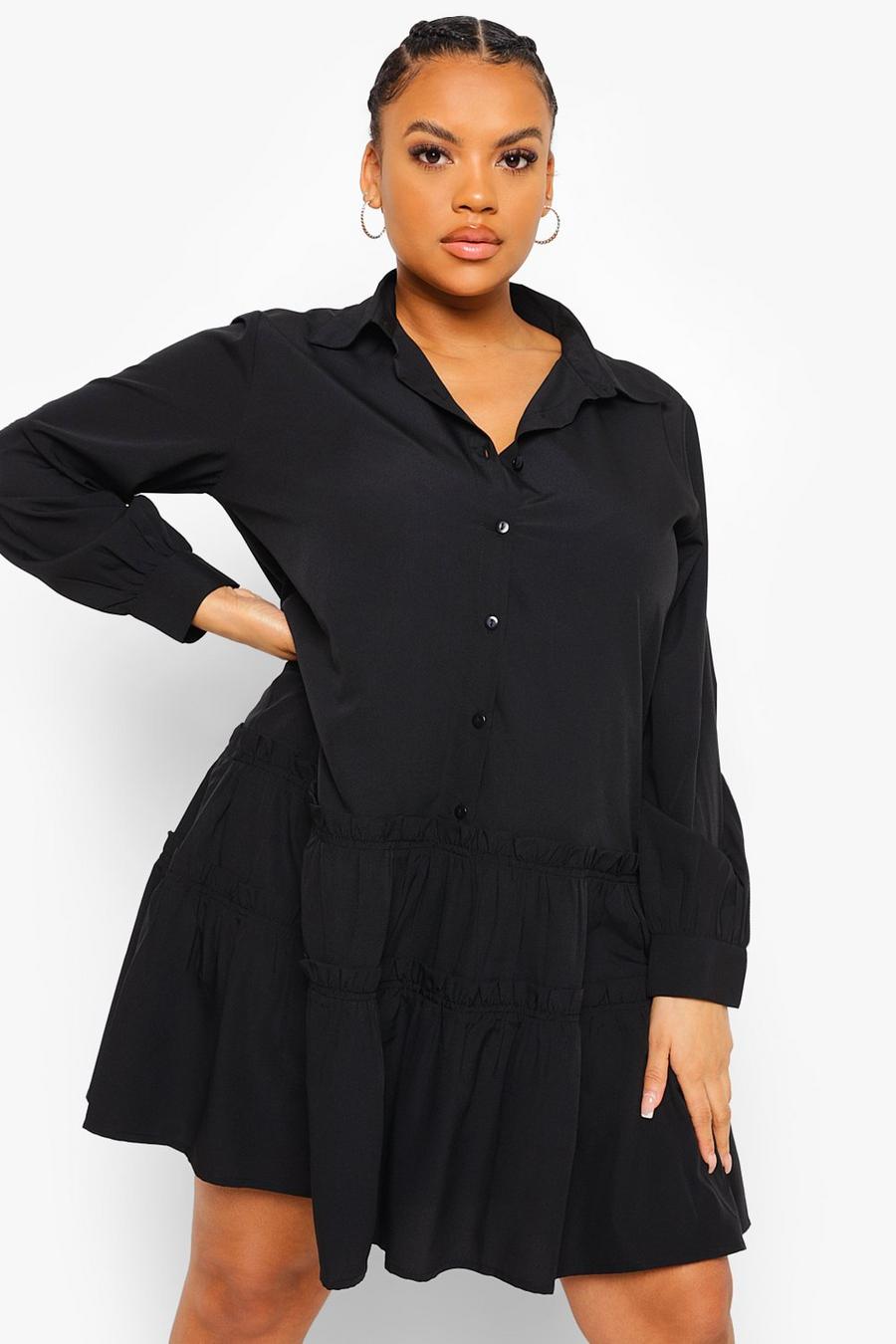 Black Plus Frill Long Sleeve Shirt Dress image number 1