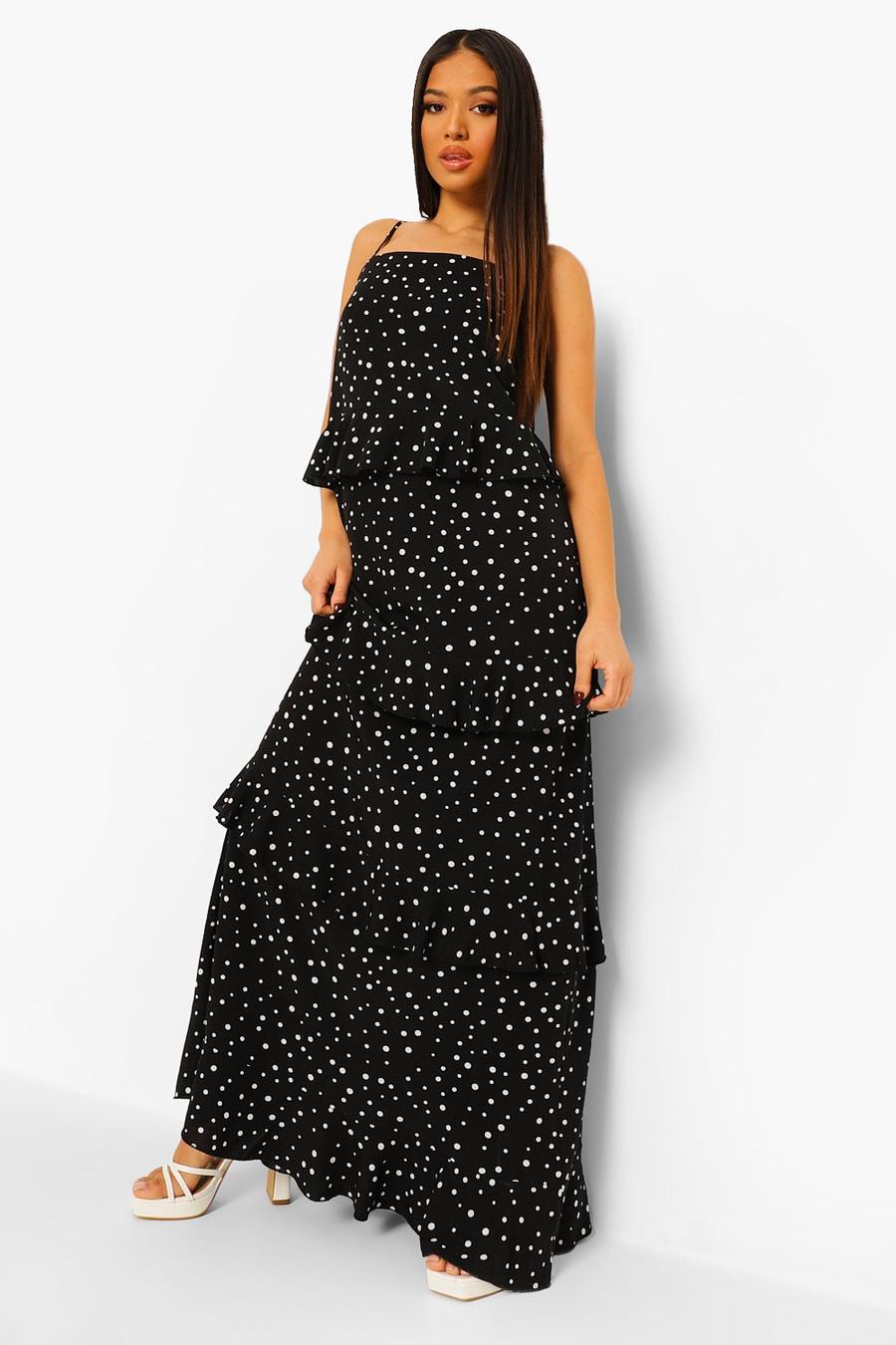 Petite Maxi Kleid mit Pünktchen und Rüschen, Schwarz image number 1