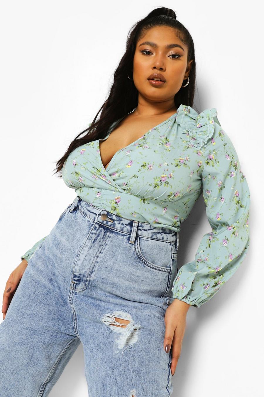 Mint Plus Floral Ruffle Plunge Crop Blouse image number 1