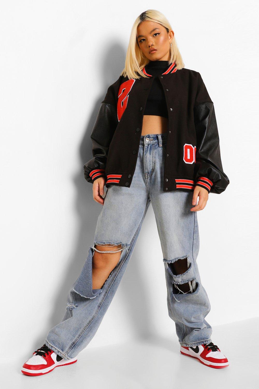 Pu Sleeve Oversized Varsity Jacket