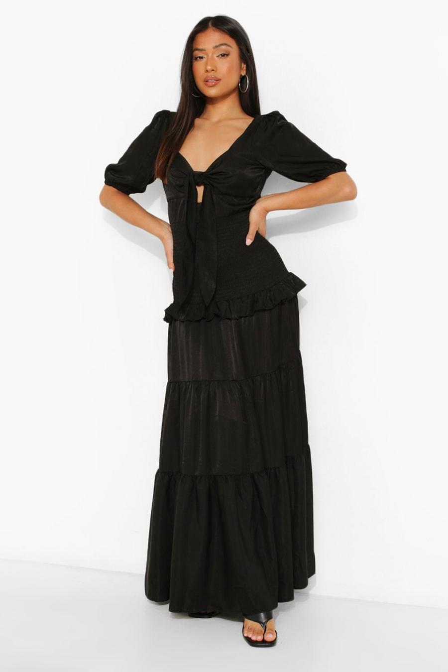 Black Petite Shirred Tie Front Maxi Dress image number 1