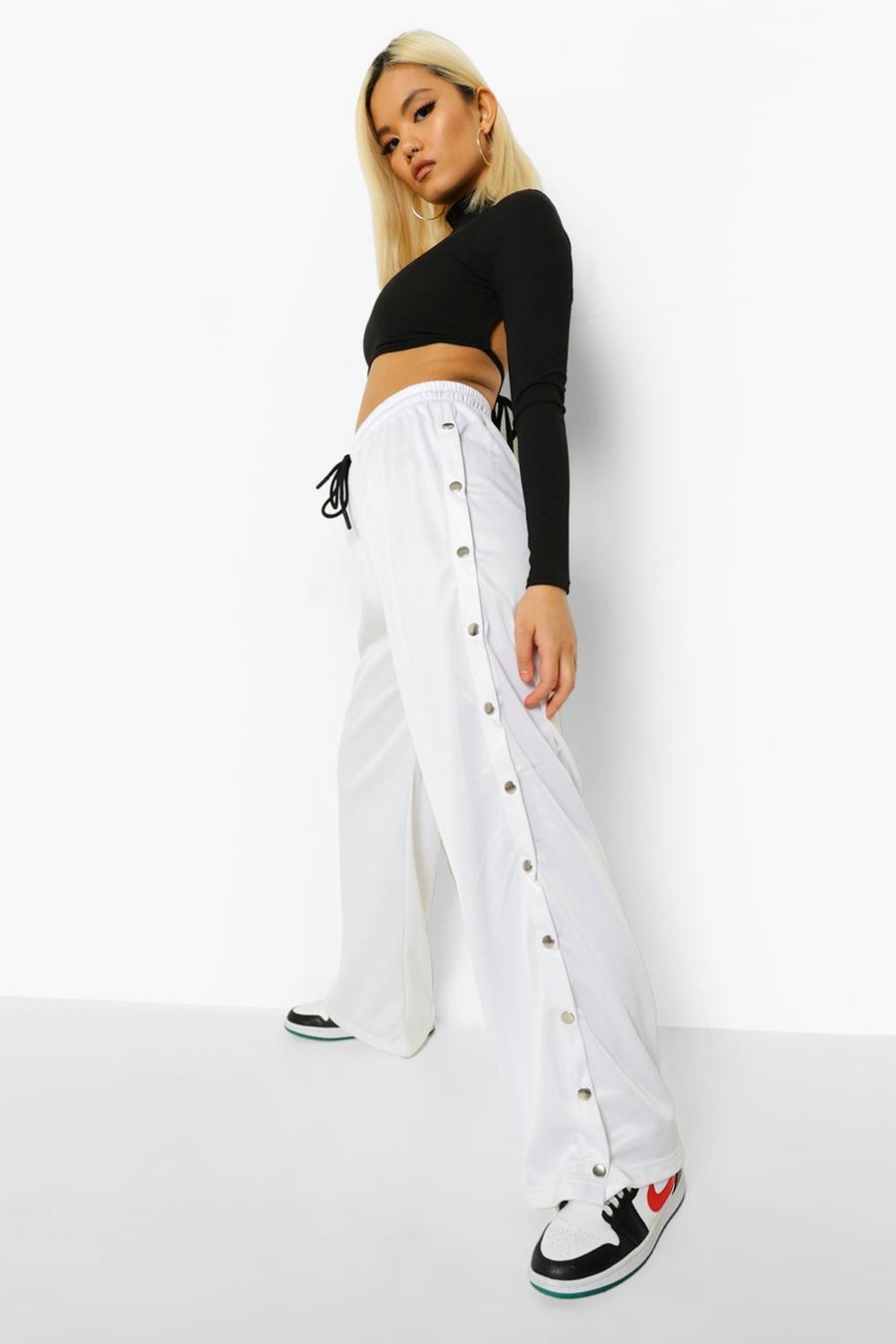 White Petite Wide Leg Popper Detail Joggers image number 1