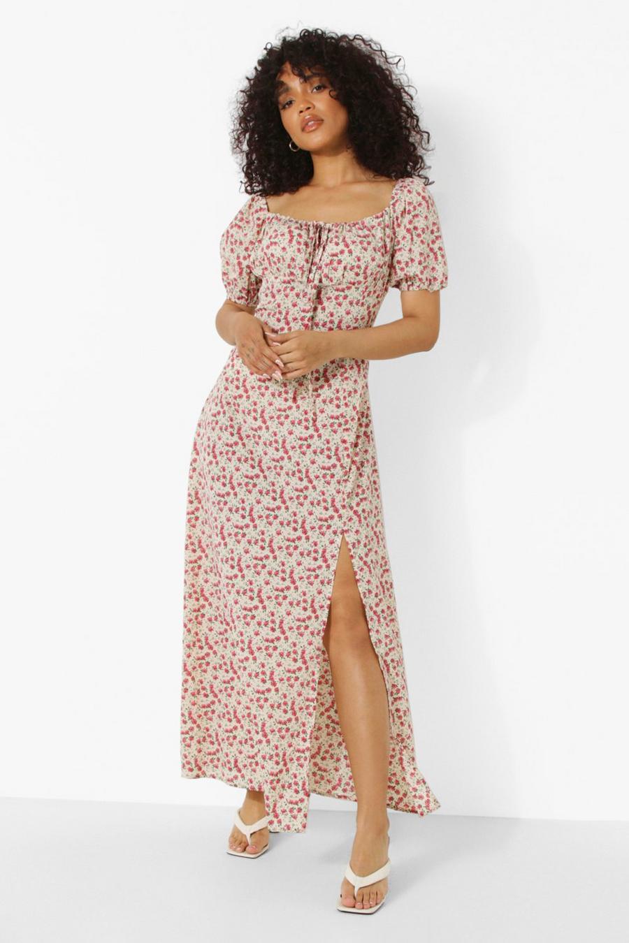 White Petite Puff Sleeve Split Floral Maxi Dress image number 1