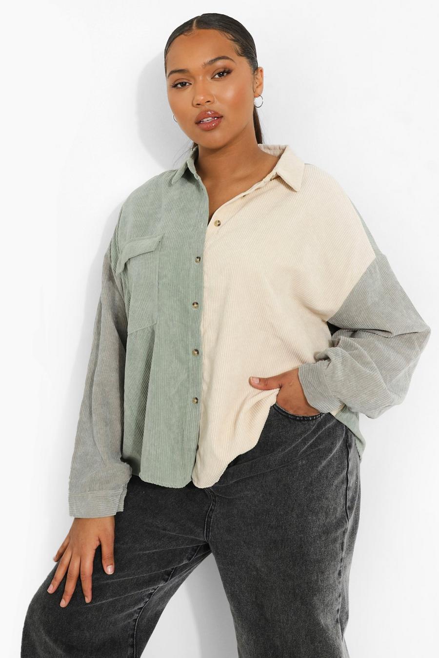 Camisa Plus oversize de pana con colores en bloque, Verde salvia image number 1