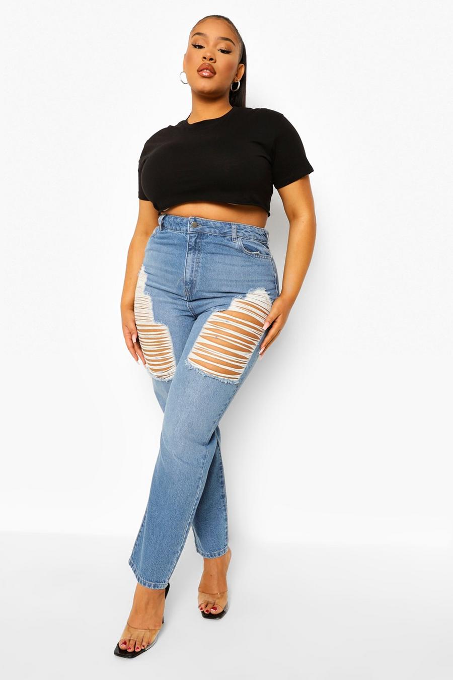 Mid blue Plus Distressed Thigh High Waist Skinny Jeans image number 1