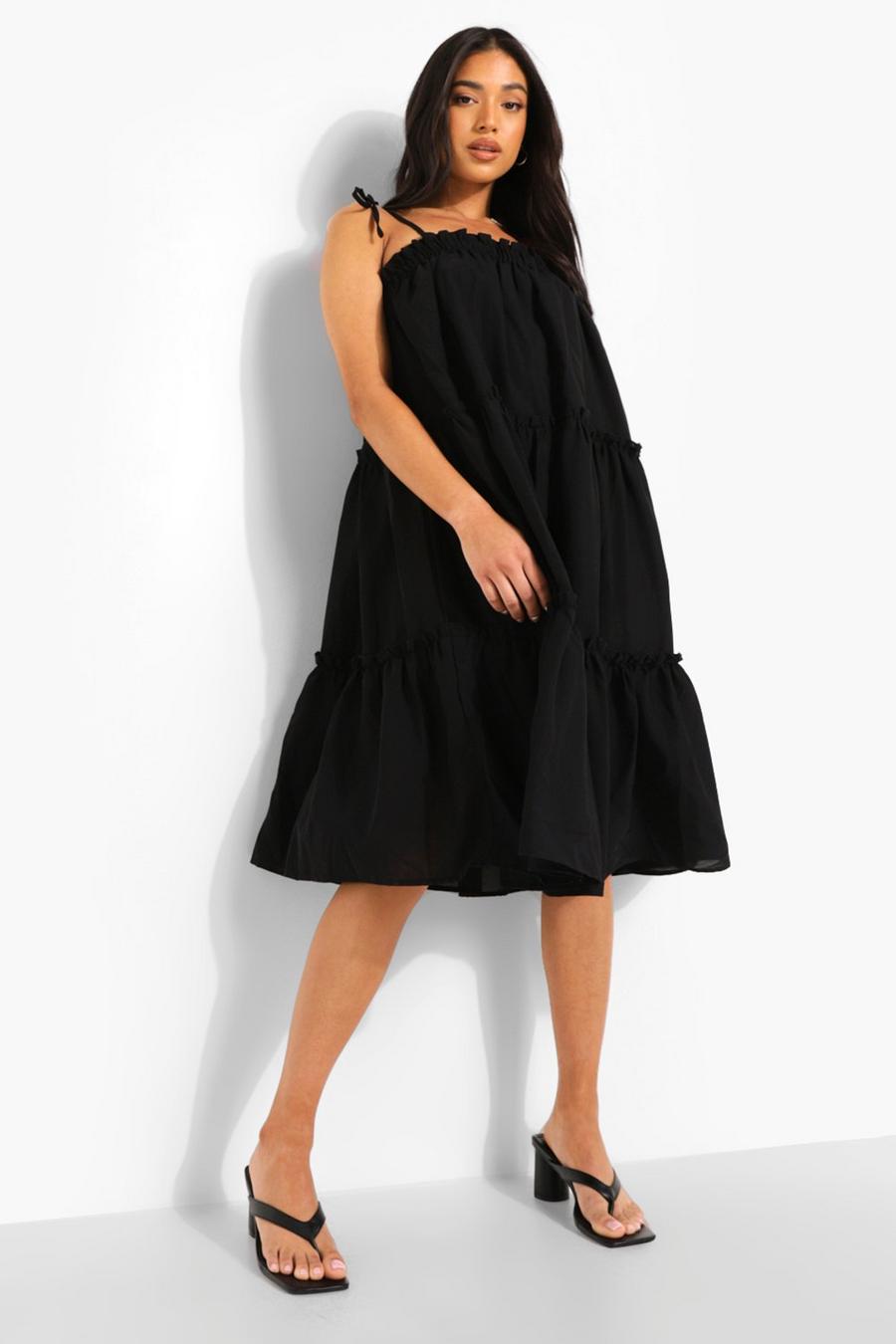 Black Petite Ruffle Tiered Midi Dress image number 1