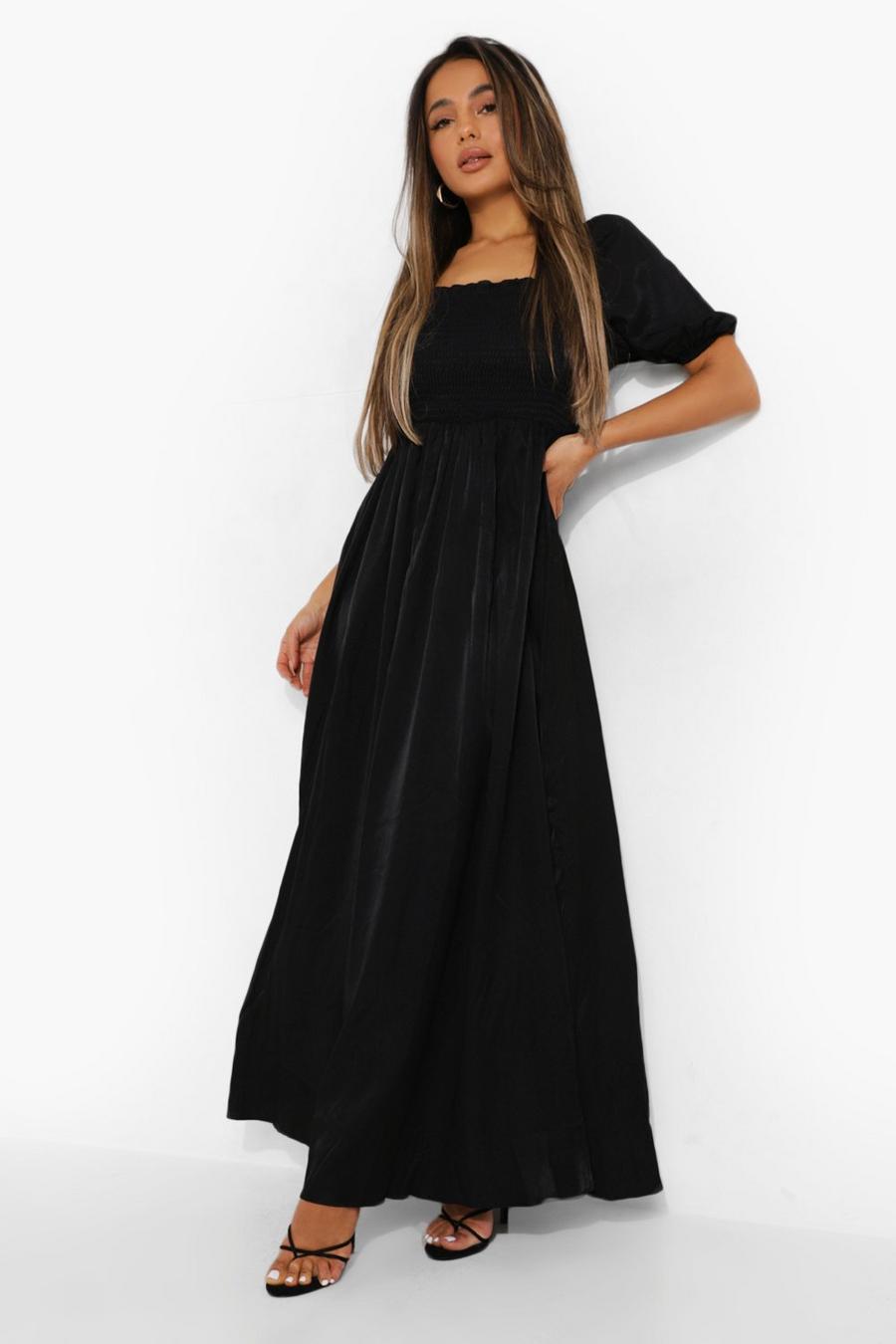 Black Petite Shirred Square Neck Midi Dress image number 1