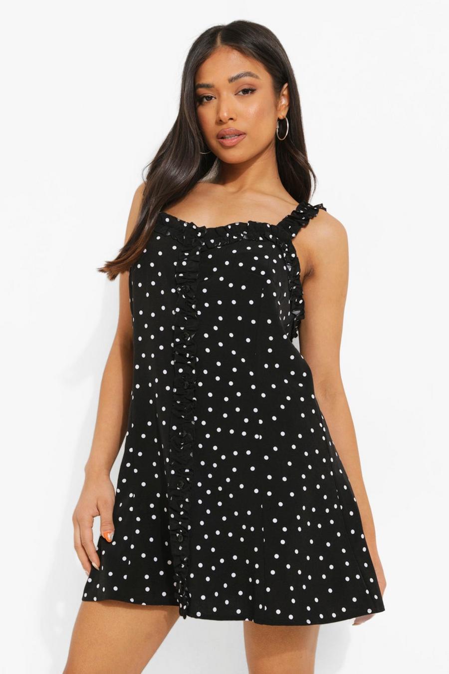Black Petite Polka Dot Frill Trim Mini Dress image number 1