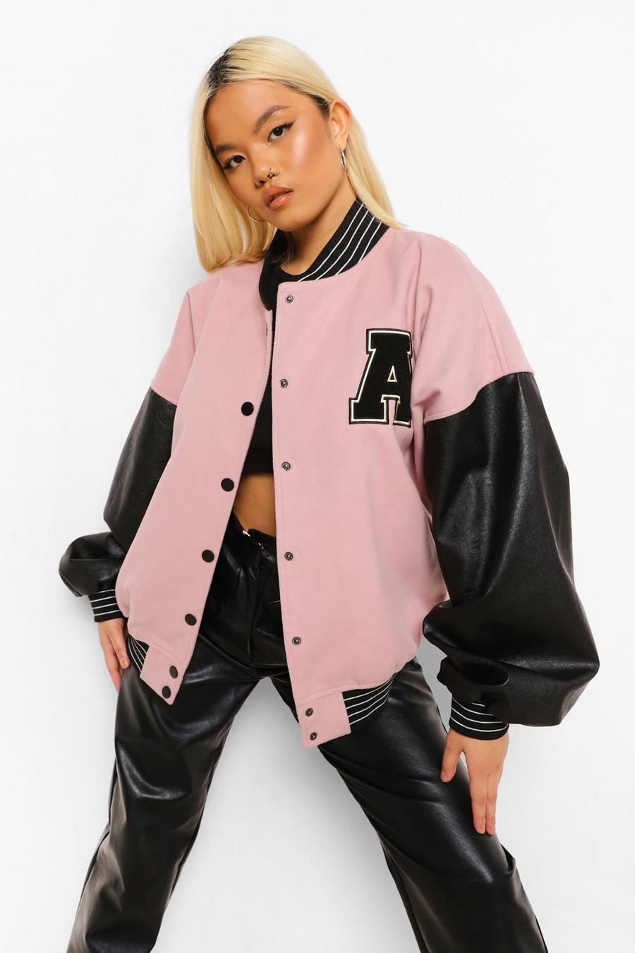 Giacca Petite oversize stile Varsity con maniche in PU, Rosa image number 1
