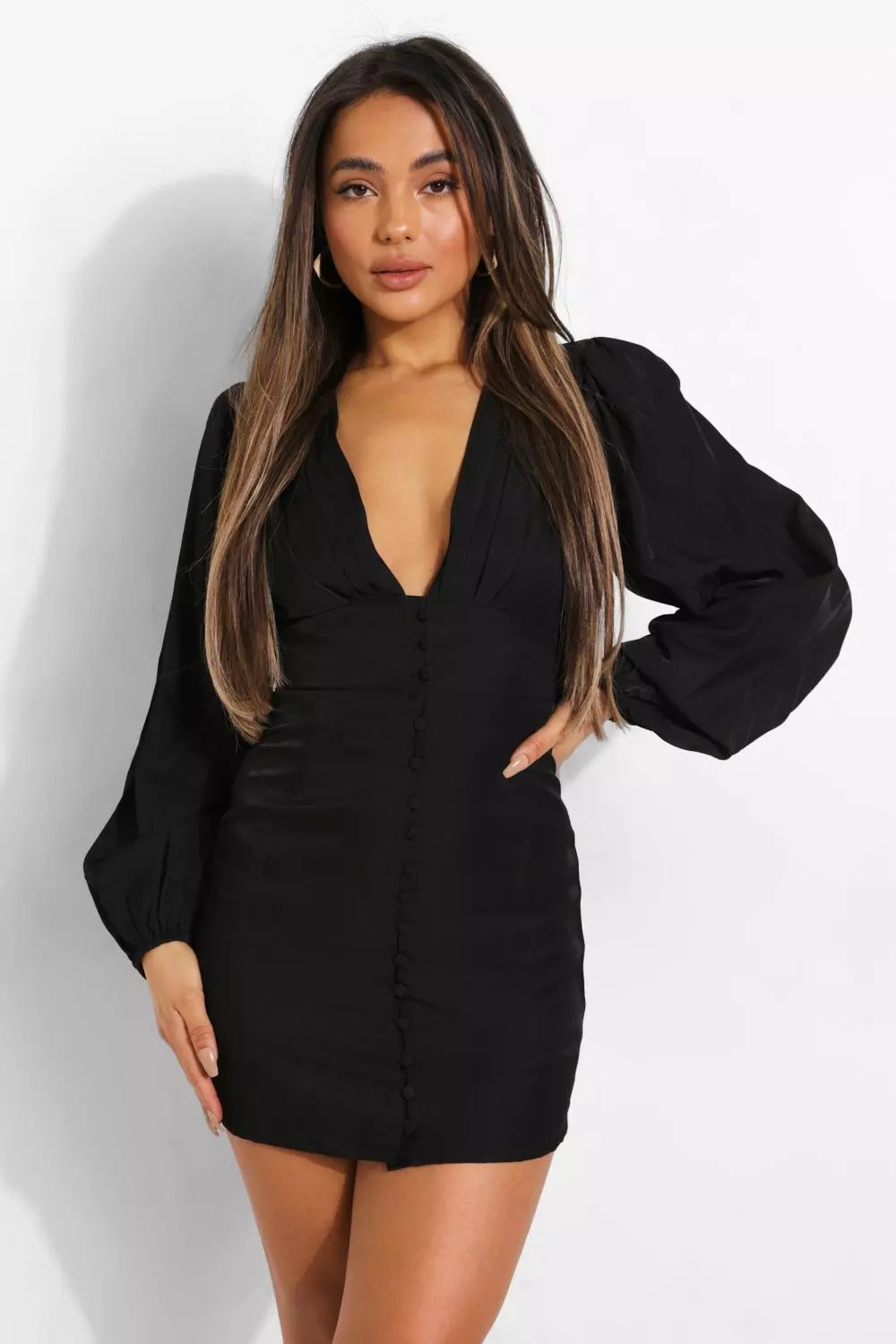 Long sleeve plunge outlet mini dress