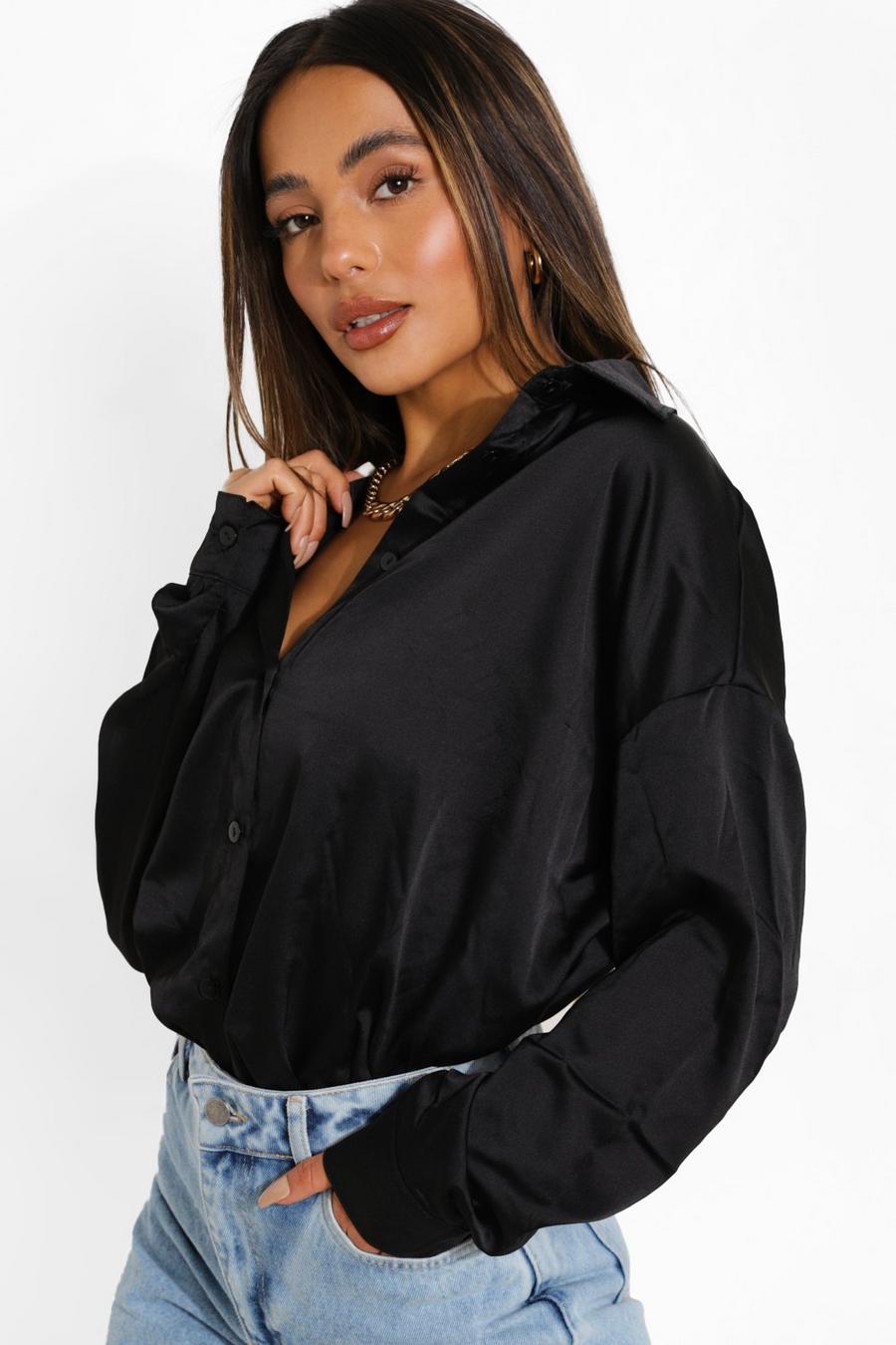 Black Petite Satin Oversized Shirt image number 1