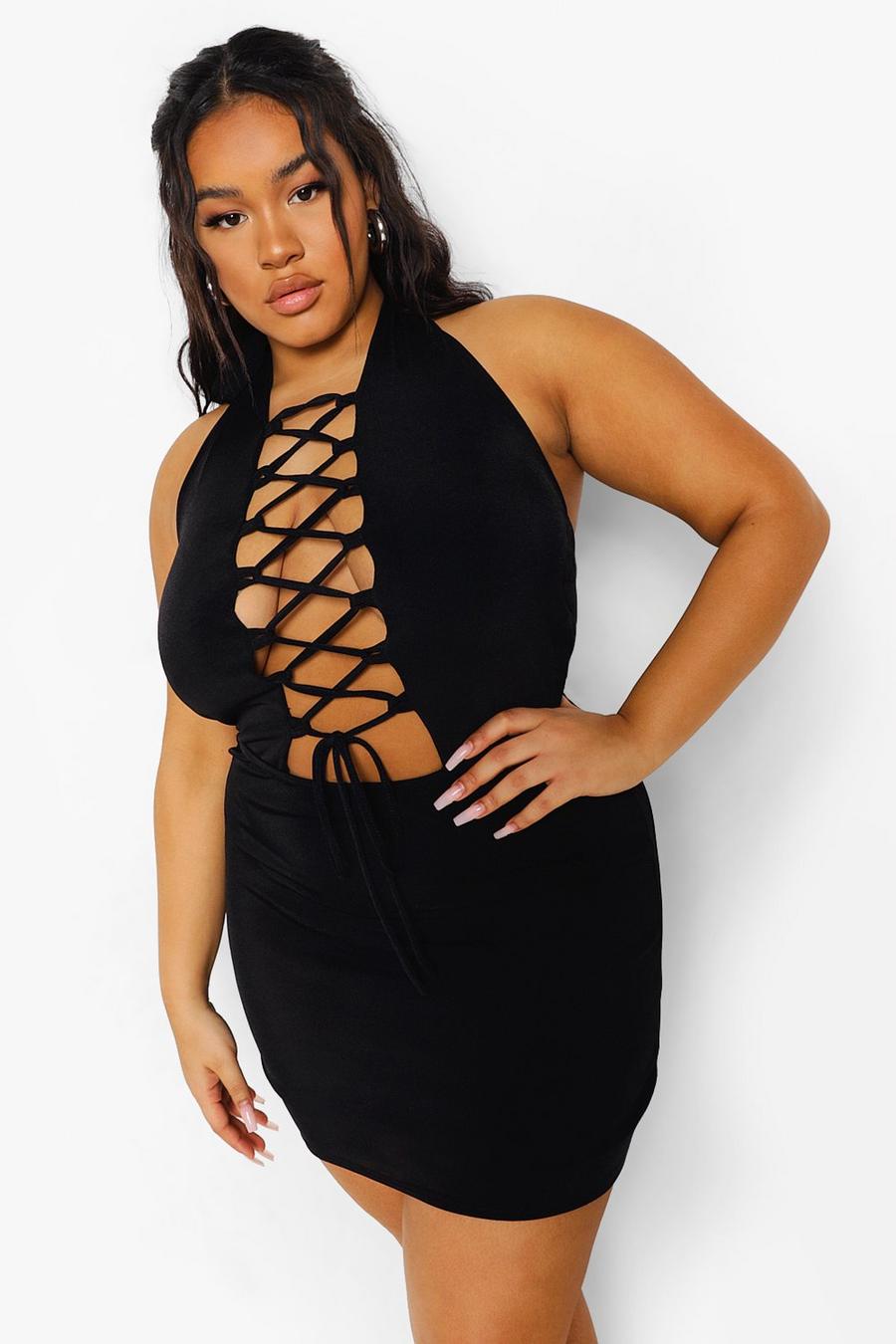 Plus Lace Up Plunge Bodycon Dress image number 1