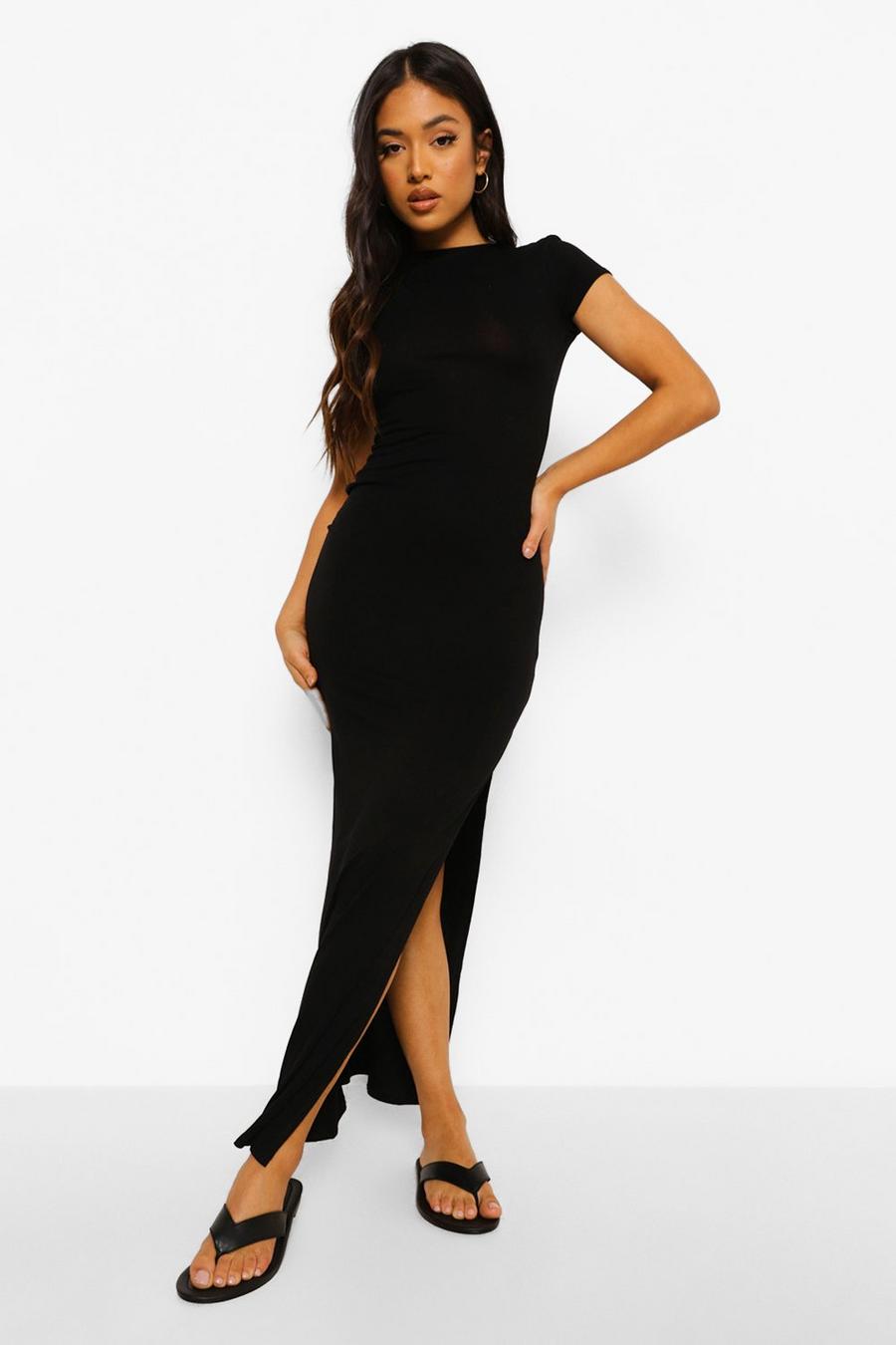 Black Petite Side Split Cap Sleeve Maxi Dress image number 1