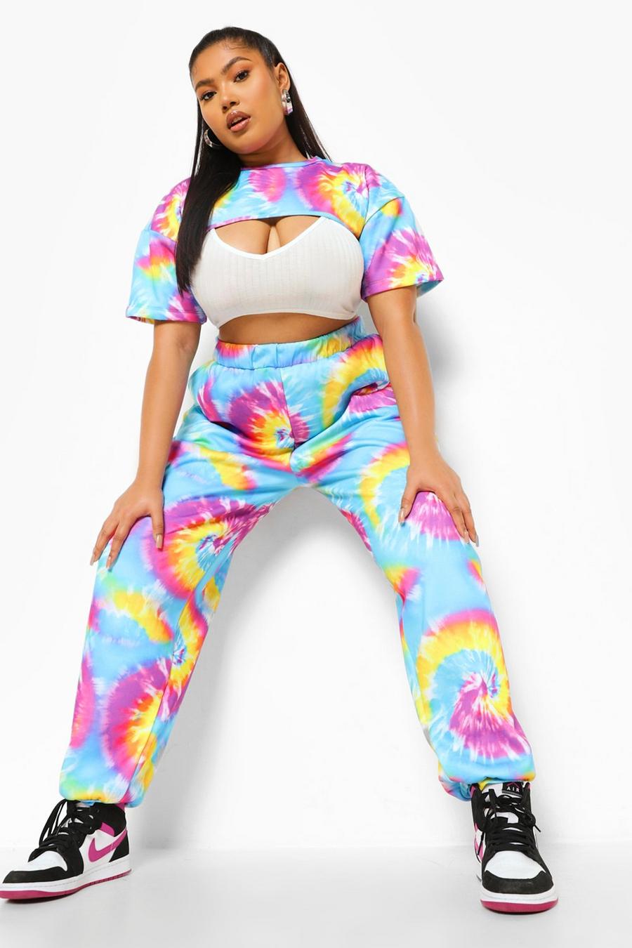 Blue Plus Tie Dye Cut Out Crop Top And Jogger Set image number 1