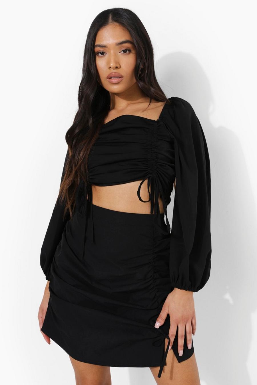 Black Petite Ruched Front Balloon Sleeve Crop Top image number 1