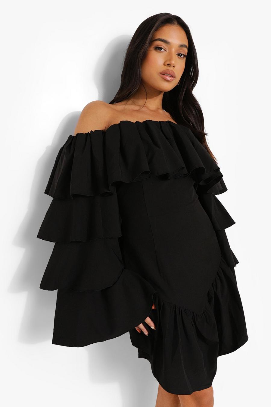 Black Petite Tiered Ruffle Bardot Mini Dress image number 1