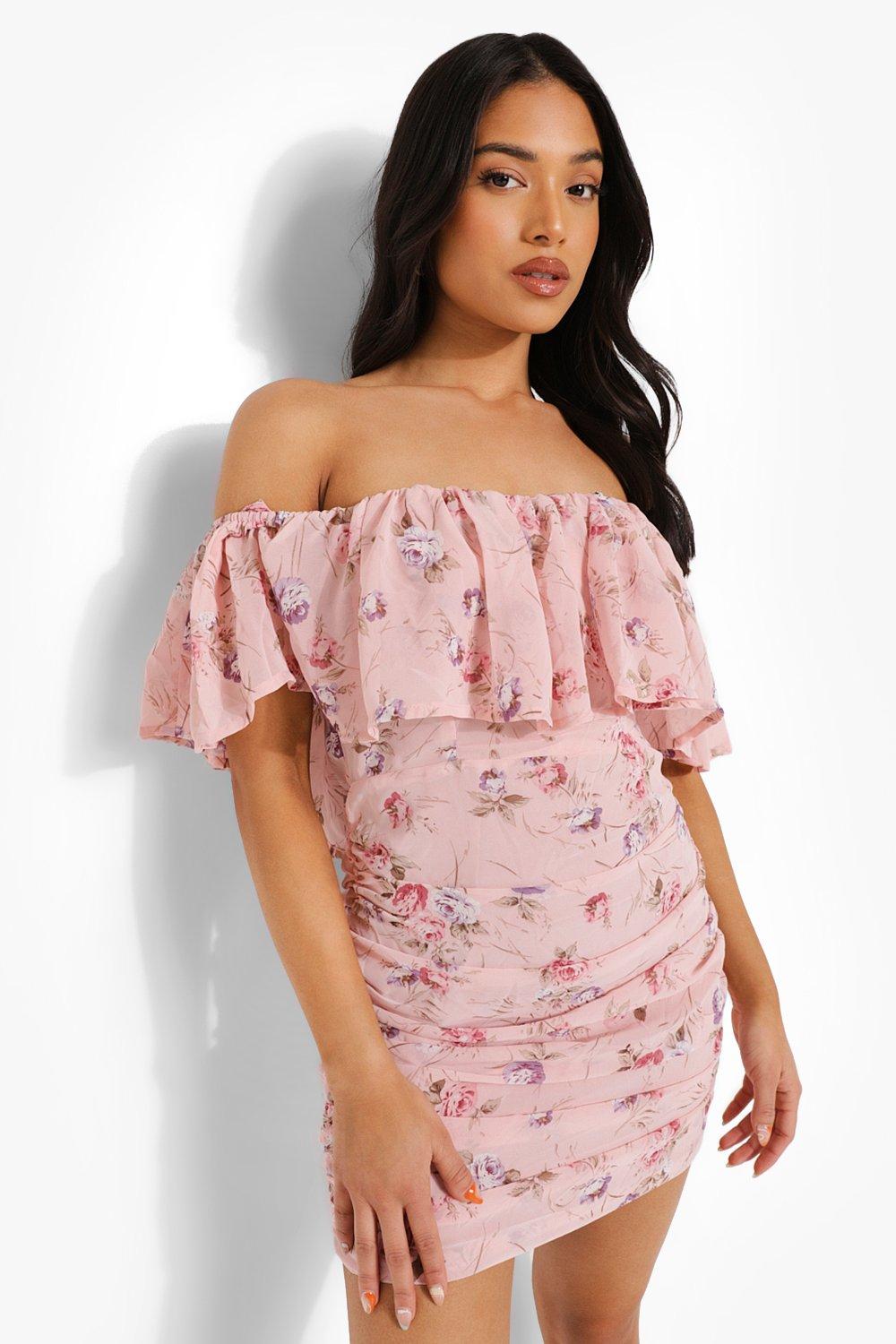 pink ruffle bardot dress