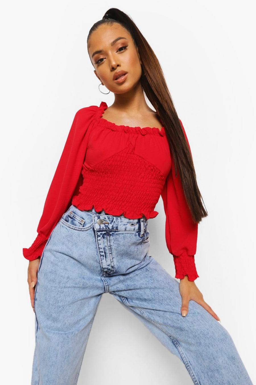 Red Petite Ruffle Square Neck Shirred Crop Top image number 1