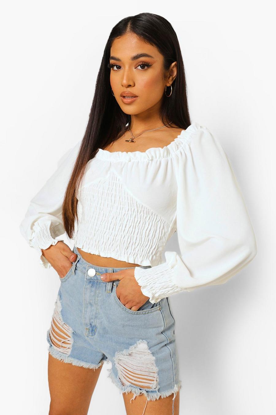 White Petite Ruffle Square Neck Shirred Crop Top image number 1