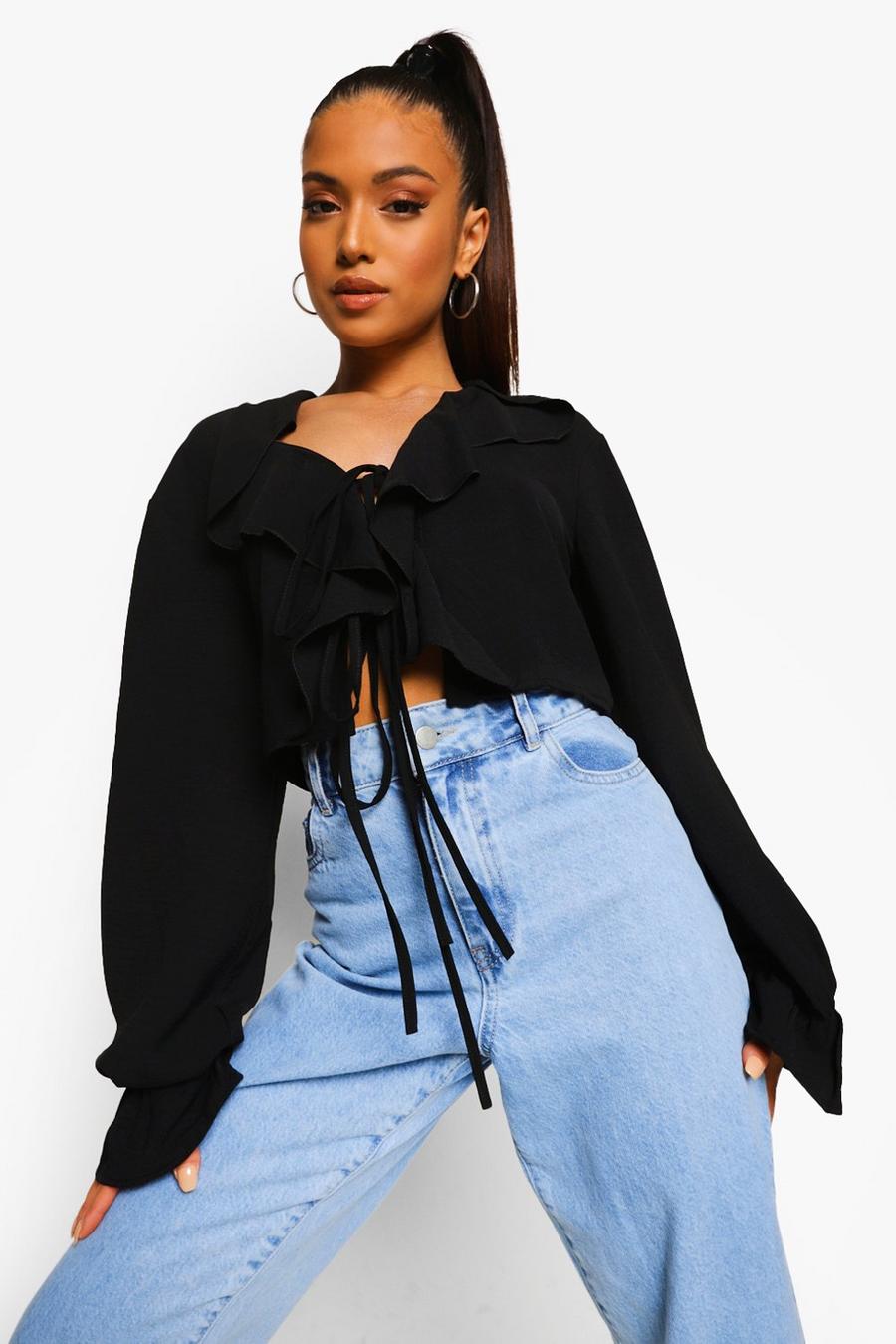 Black Petite Ruffle Lace Up Woven Crop Top image number 1