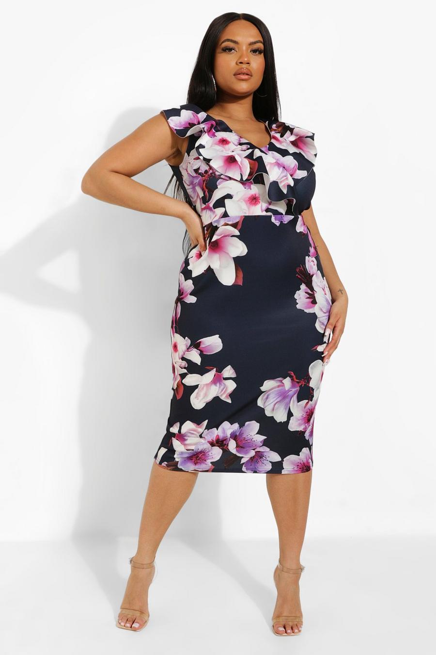Navy marine Plus Occasion Ruffle Floral Midi Dress image number 1