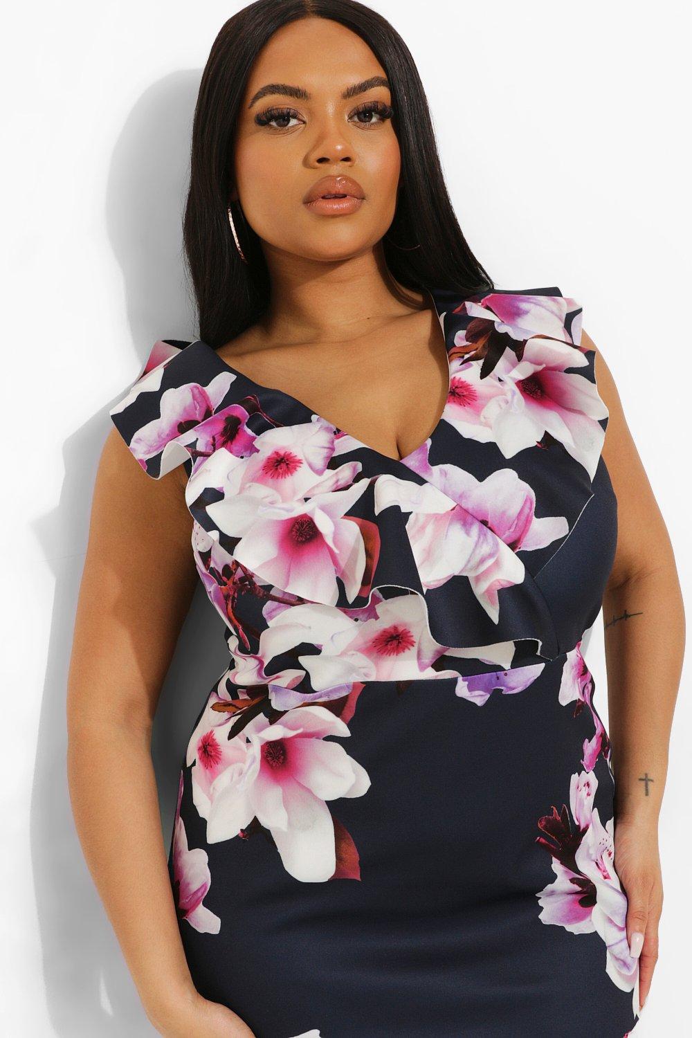 Navy and pink shop floral midi dress