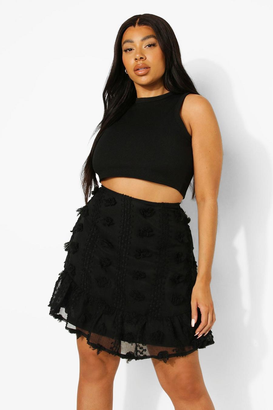 Black Plus Textured Lace Frill Hem Skater Skirt image number 1