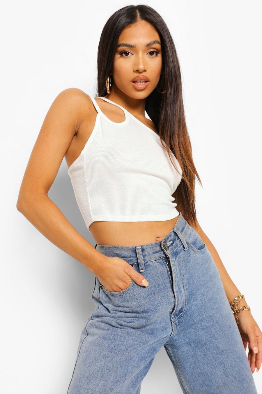 White Petite Asymmetric Cut Out Detail Crop Top image number 1