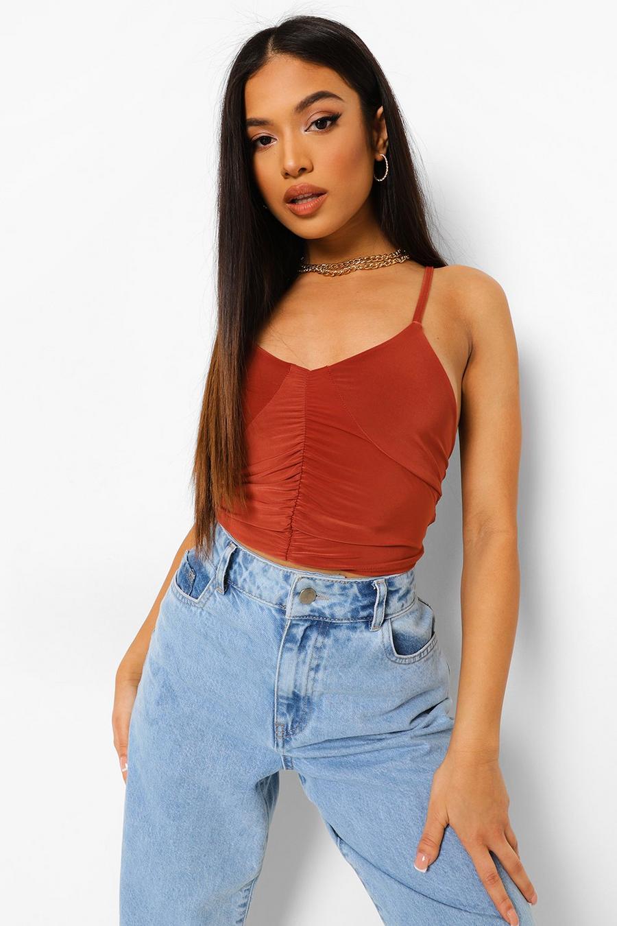 Rust Petite Slinky Plunge Ruched Front Crop Top image number 1