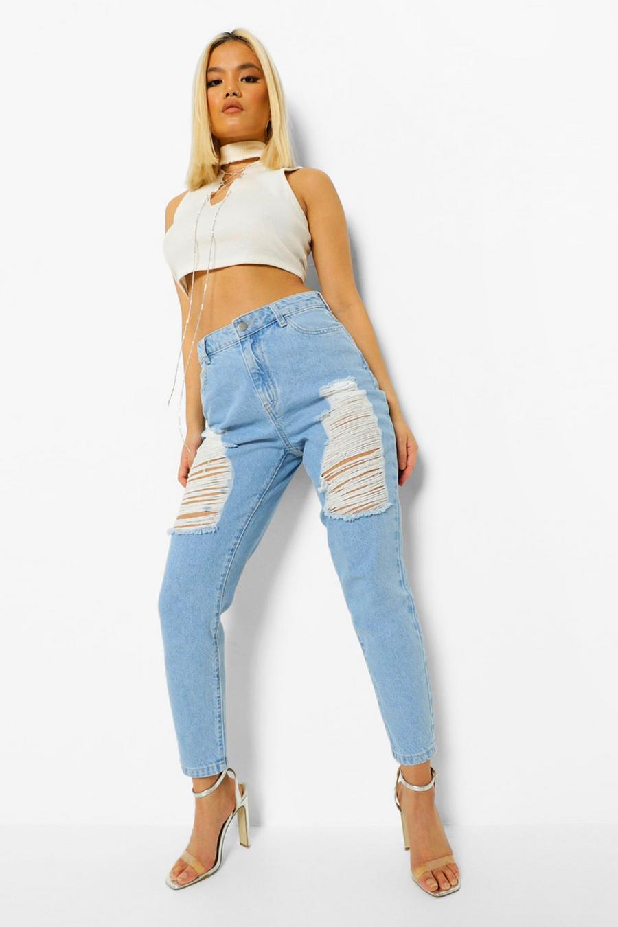 Light blue Petite Thigh Distressed Mom Jeans image number 1