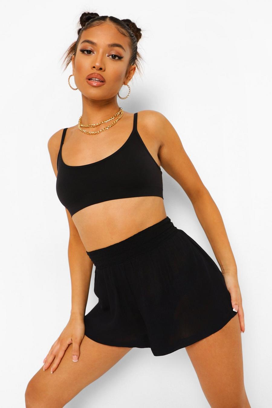 Black Petite Shirred Waist Cheesecloth Shorts image number 1
