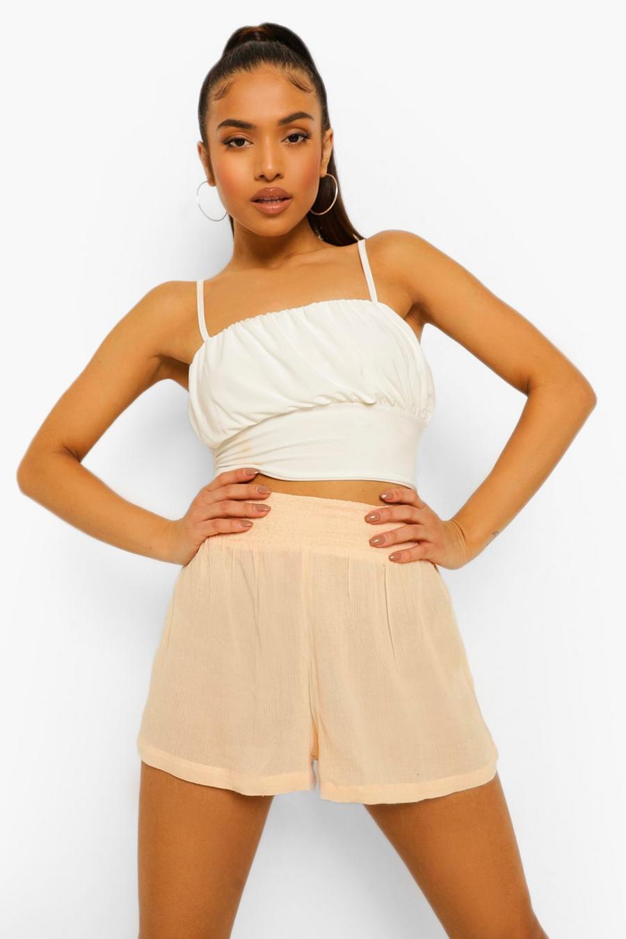 Stone Petite Shirred Waist Cheesecloth Shorts image number 1