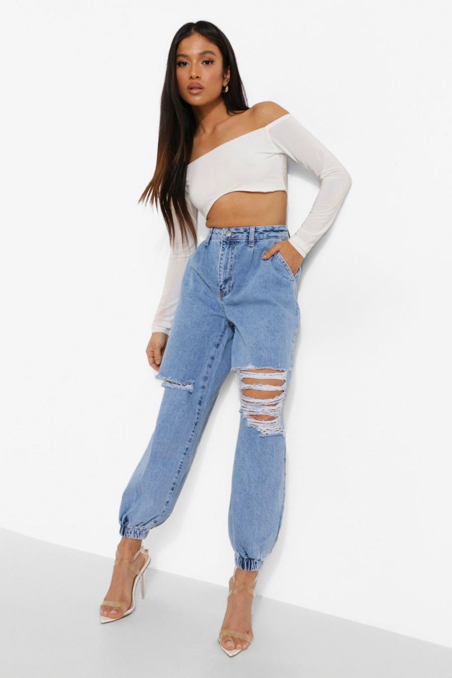 Light blue Petite Busted Knee Denim Joggers image number 1