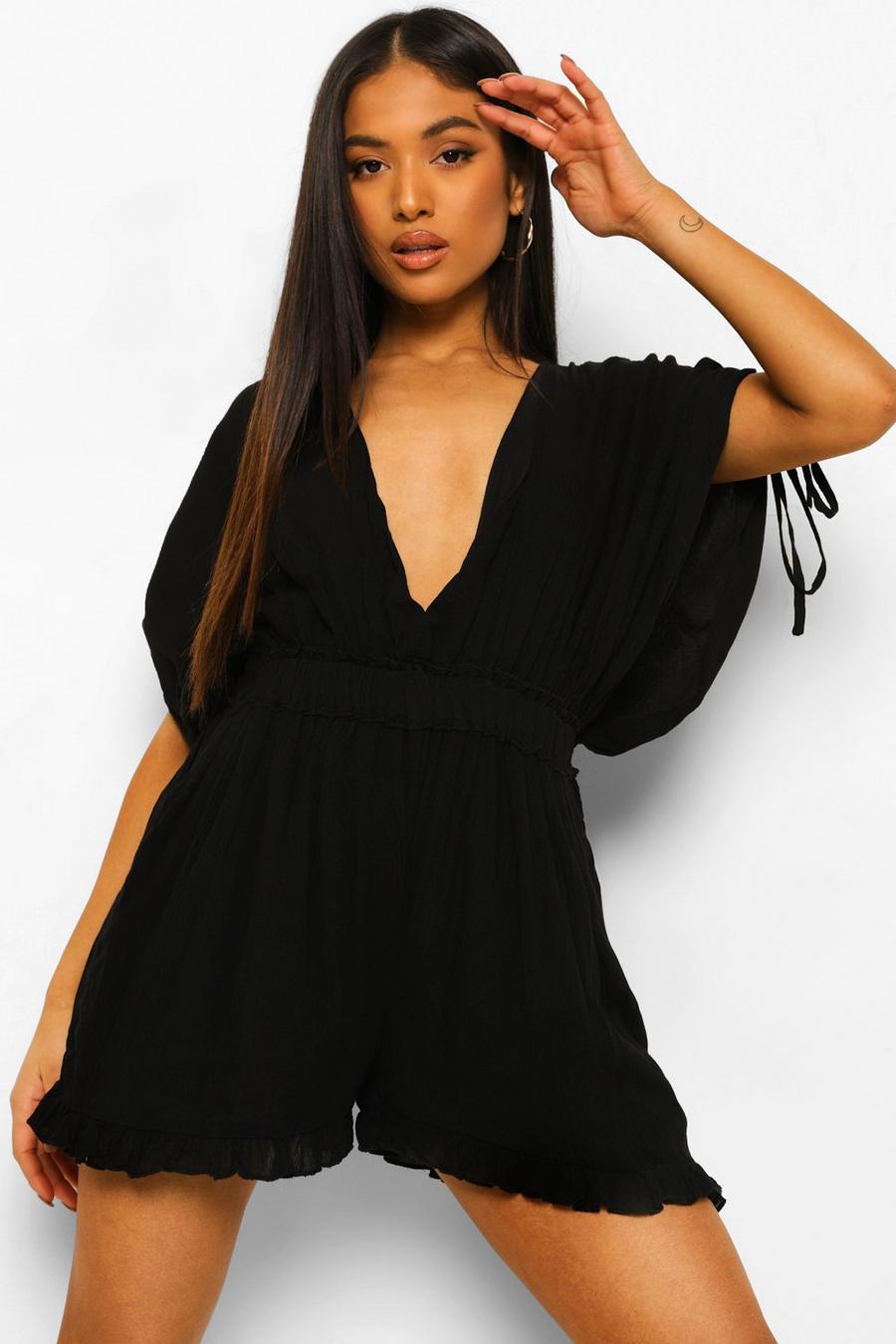 Black Petite Cheesecloth Plunge Playsuit image number 1