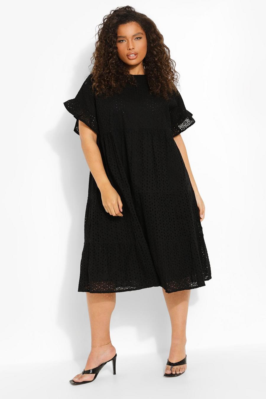 Black Plus Broderie Anglaise Tiered Midi Dress image number 1