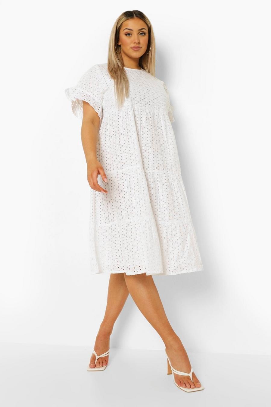 White שמלת מידי ברודרי אנגלייז מדורגת למידות גדולות image number 1