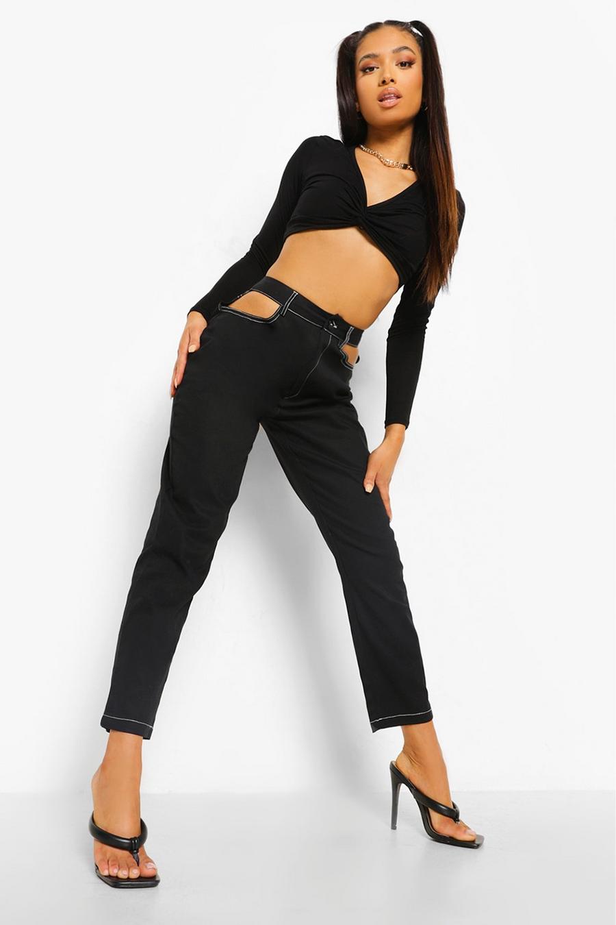 שחור מכנסי פטיט עם חיתוך וכיסים image number 1