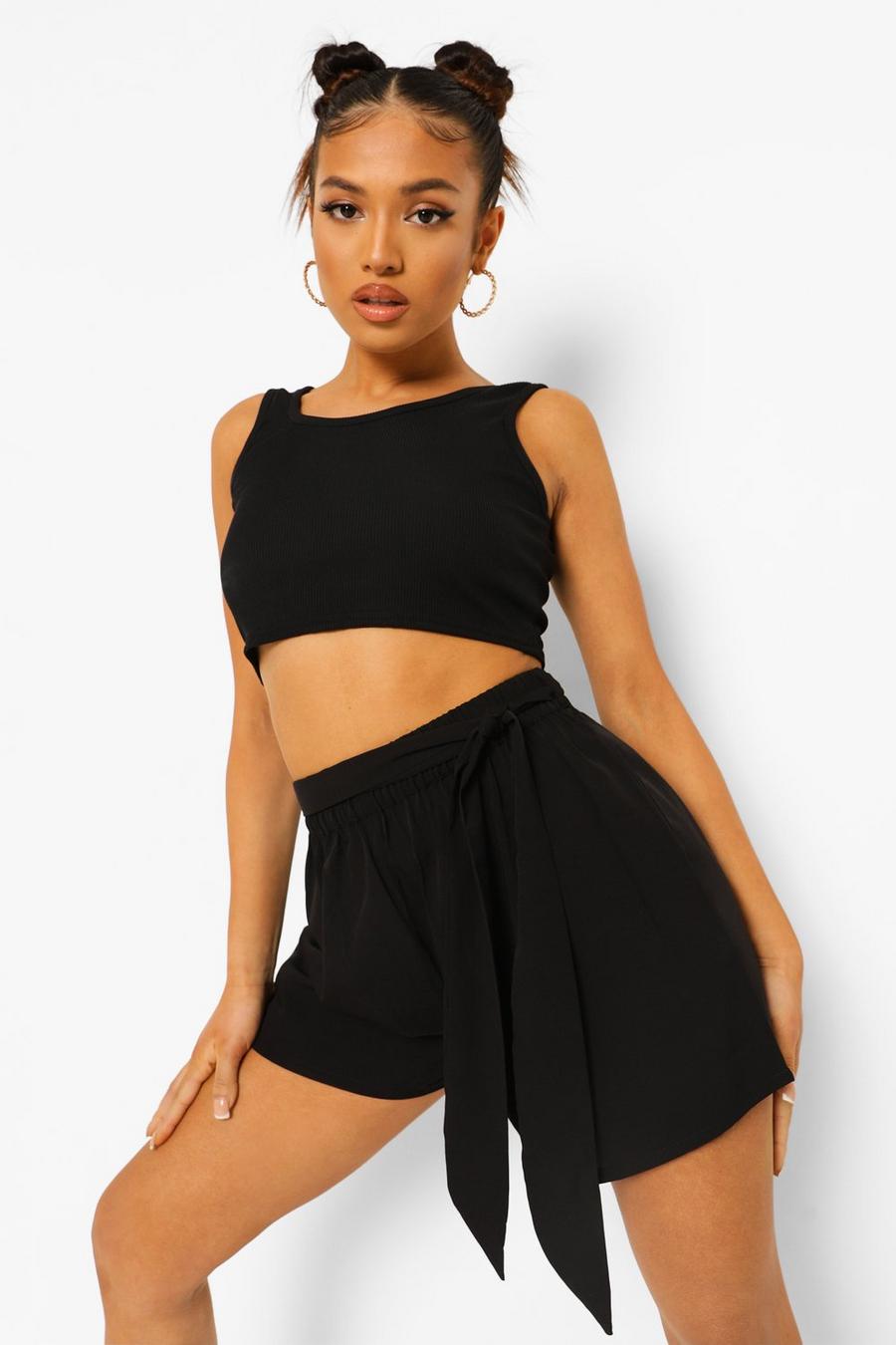 Black Petite Tie Waist Cheesecloth Shorts image number 1