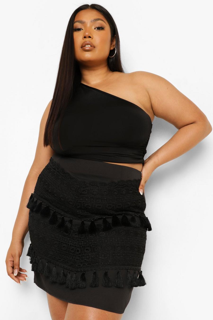 Black Plus Lace Tassel Trim Mini Skirt image number 1
