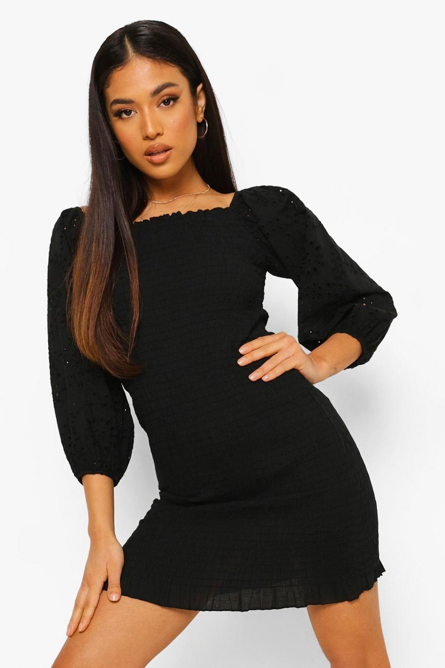 Black Petite Broderie Puff Sleeve Shirred Mini Dress image number 1