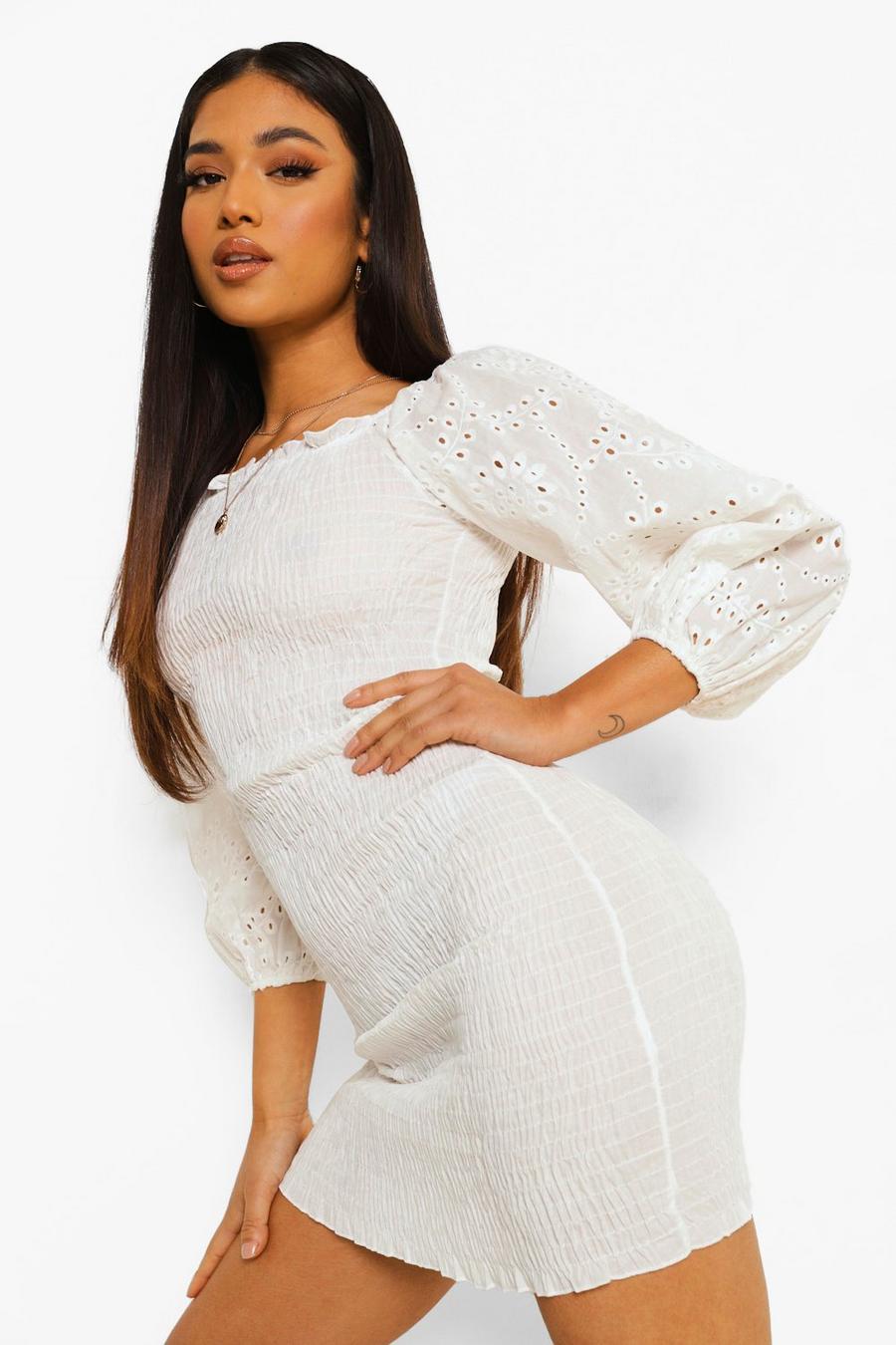 White Petite Broderie Puff Sleeve Shirred Mini Dress image number 1