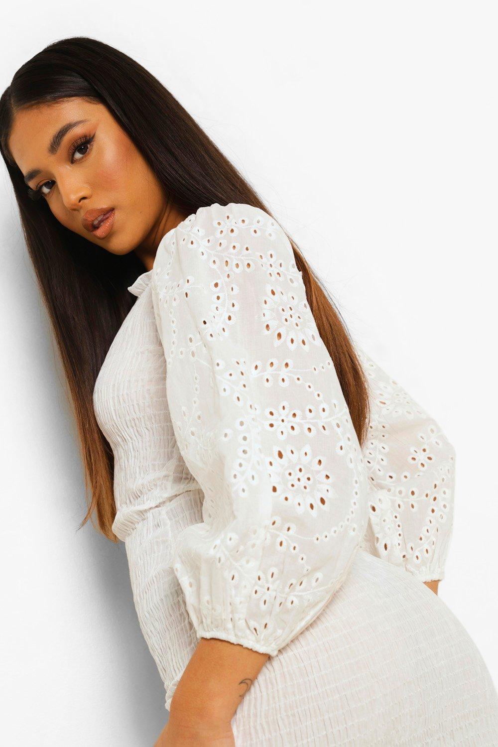 White Lace Sleeve Shirred Bodycon Dress