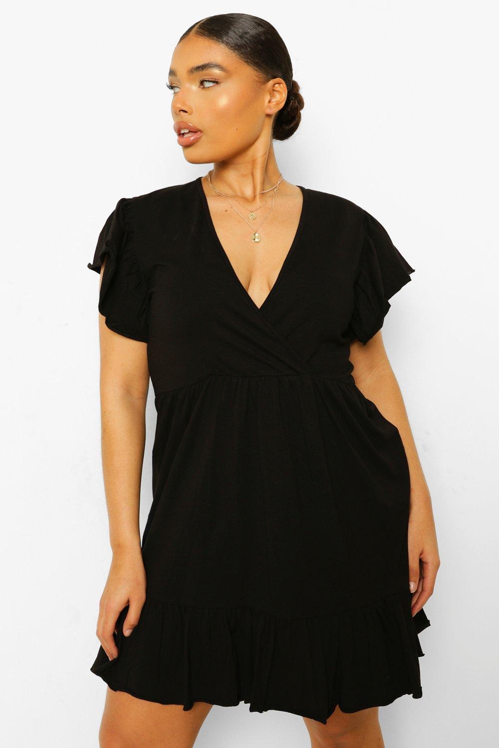 Black Frill Detail Wrap Dress